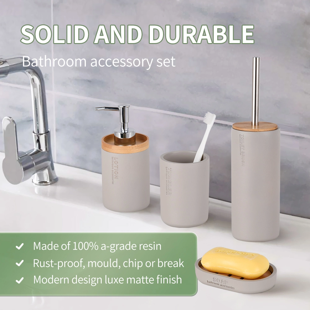 Modern Design Toilet 4 Piece Polyresin Bathroom Accessories Set with Toilet Brush Soap Dispenser Tumbler Tray